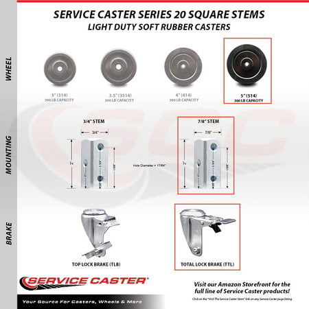 Service Caster 5 Inch Soft Rubber Swivel 7/8 Inch Square Stem Caster Total Lock Brakes, 2PK SCC-SQTTL20S514-SRS-78-2-S-2
